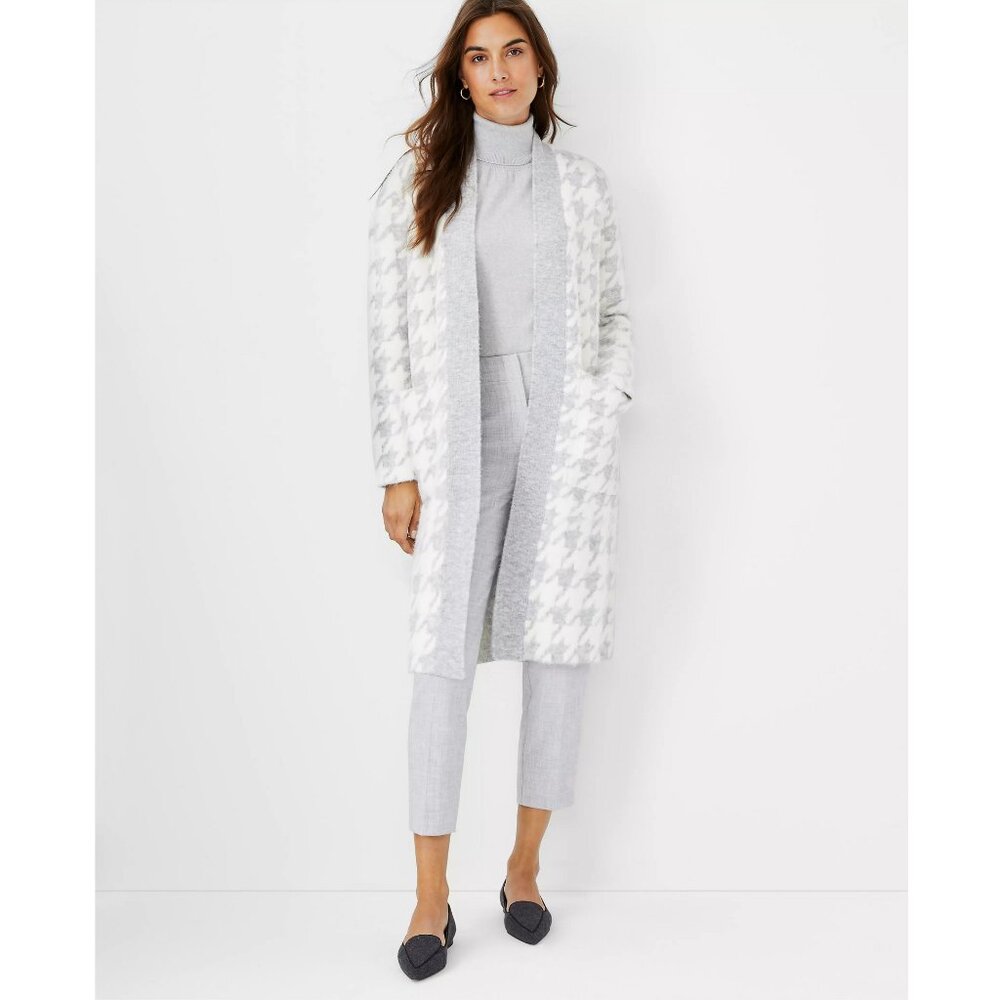 ANN TAYLOR Houndstooth Open Long Cardigan Sweater Grey & White Size Small